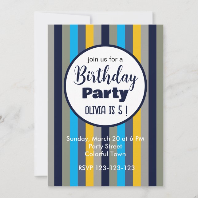 Invitation Fête d'anniversaire avec des rayures colorées (Devant)