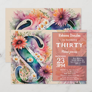 Invitation Fête d'anniversaire avec fleurs aquarelles et mono