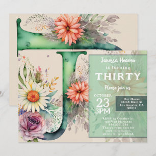 Invitation Fête d'anniversaire avec fleurs aquarelles et mono