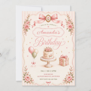 Invitation Fête d'anniversaire avec gâteau floral et ruban ro
