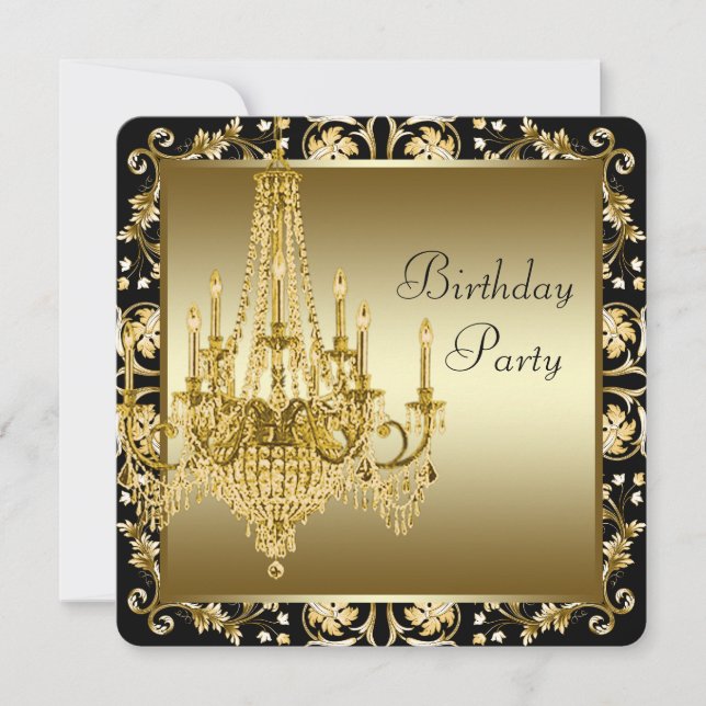 Invitation Fête d'anniversaire avec lustre noir et or (Devant)
