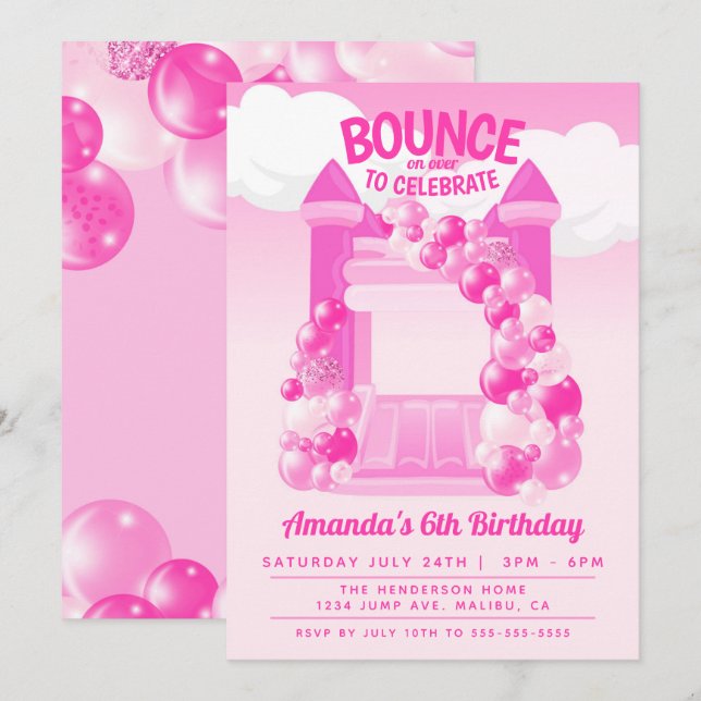 Invitation Fête d'anniversaire avec Maison à Sauter Rose (Devant / Derrière)