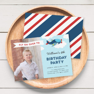 Invitation Fête d'anniversaire avec photo d'avion bleu et rou