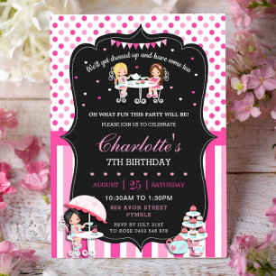 Invitation Fête d'anniversaire avec thé pour filles en rose v