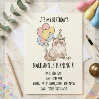 Invitation Fête d'anniversaire avec un chat grincheux drôle e