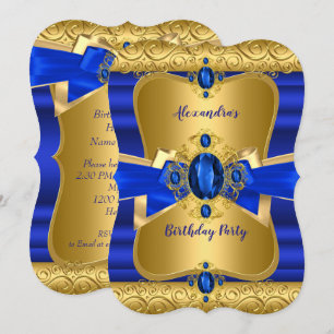 Invitation Fête d'anniversaire avec un nœud en or et gemme bl