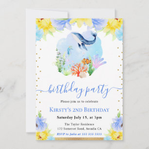 Invitation Fête d'anniversaire baleine sous-marine florale aq