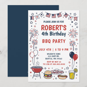 Invitation Fête d'anniversaire BBQ du 4 juillet dessinée à la