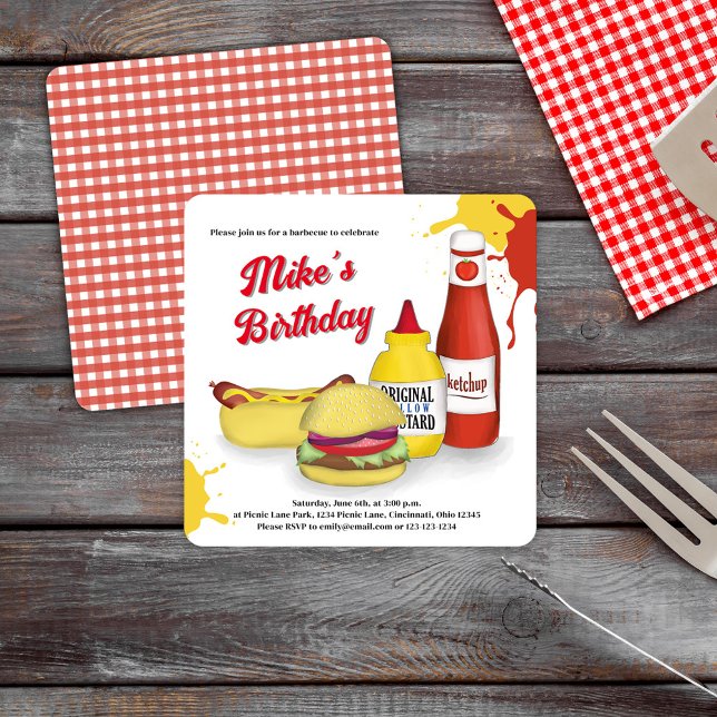 Invitation Fête d'anniversaire BBQ été personnalisé (Backyard BBQ Hamburger and Hot Dog Invitations )