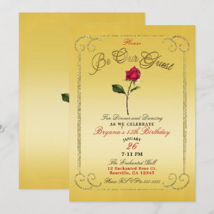 Invitation Fête d'anniversaire Beauté Rose Rouge Or Jaune