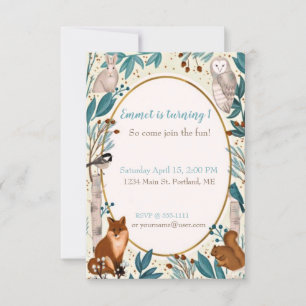 Invitation Fête d'anniversaire bébé animaux de forêt mignons 