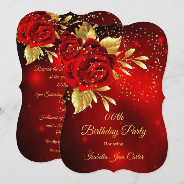 Invitation Fête d'anniversaire Belle Rose Rouge Floral Or (Devant / Derrière)