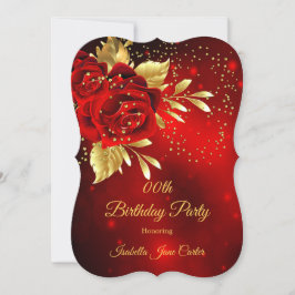Invitation Fête d'anniversaire Belle Rose Rouge Florale Or
