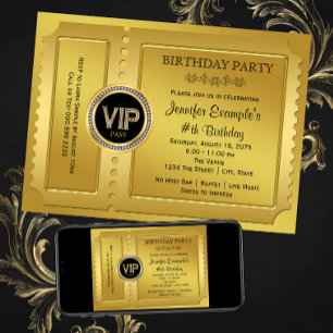 Invitation Fête d'anniversaire billet VIP élégant or