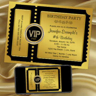 Invitation Fête d'anniversaire billet VIP Or