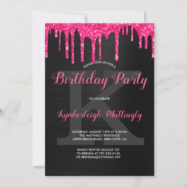 Invitation Fête d'anniversaire Black Glam rose pailleté avec  (Devant)