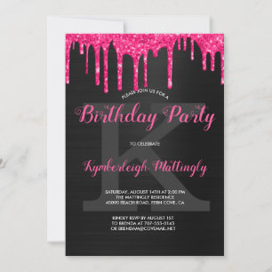 Invitation Fête d'anniversaire Black Glam rose pailleté avec 