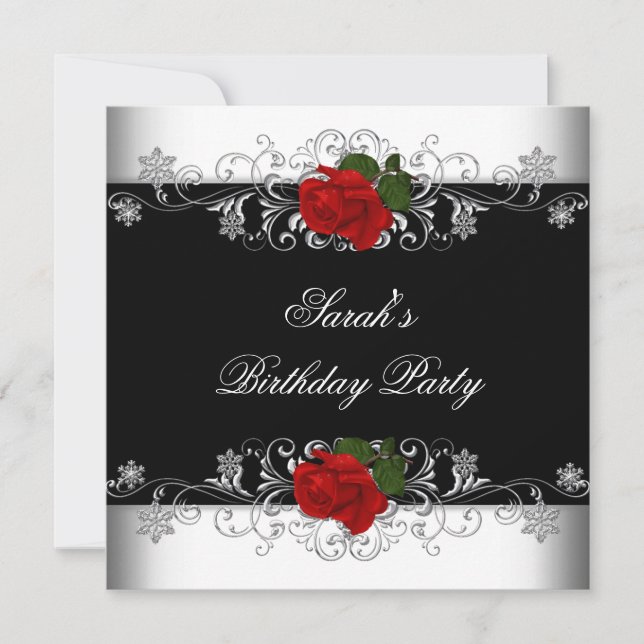 Invitation Fête d'anniversaire Black Red Rose Fleurs blanches (Devant)