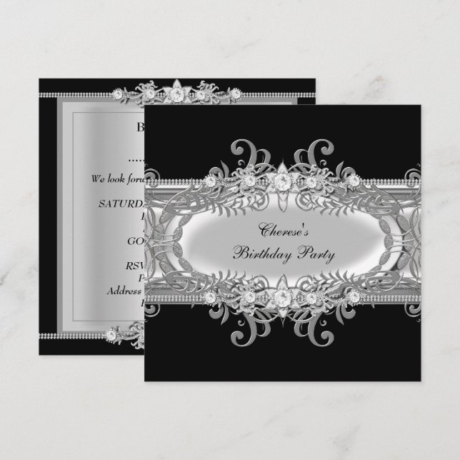 Invitation Fête d'anniversaire Black White Silver Jewel Image (Devant / Derrière)