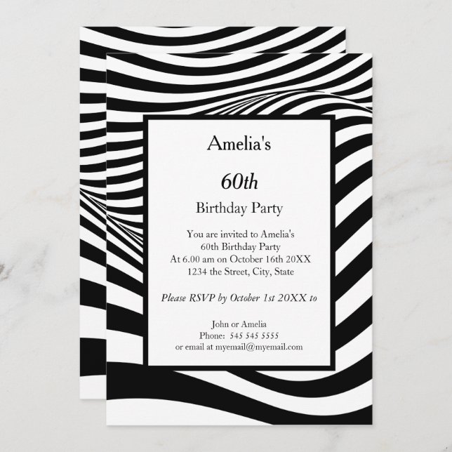 Invitation Fête d'anniversaire Black White Wave (Devant / Derrière)