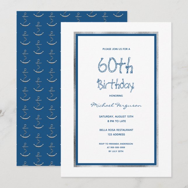 Invitation fête d'anniversaire blanc bleu argent nautique (Devant / Derrière)