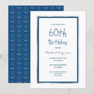 Invitation fête d'anniversaire blanc bleu argent nautique