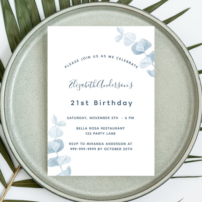 Invitation Fête d'anniversaire blanc poussiéreux eucalyptus b (Créateur téléchargé)