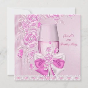 Invitation Fête d'anniversaire blanc rose Fleur rose Champagn