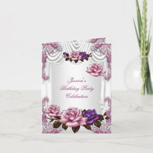 Invitation fête d'anniversaire blanc rose violet R
