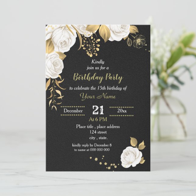 Invitation fête d'anniversaire blanche et or floral noir (Debout devant)
