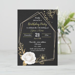 Invitation fête d'anniversaire blanche et or floral noir