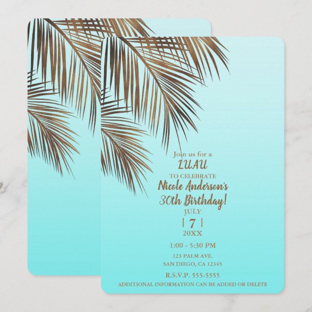 Invitation Fête d'anniversaire Bleu Aqua Palmier Cuivre Baham (Devant / Derrière)