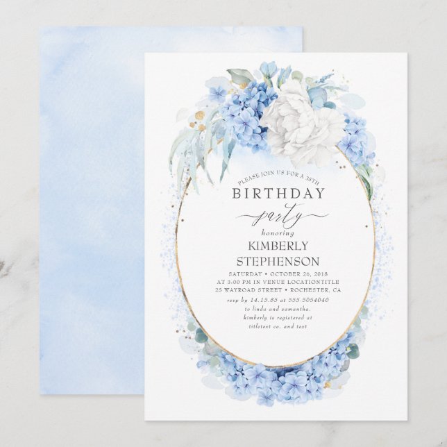 Invitation Fête d'anniversaire bleu et blanc (Devant / Derrière)