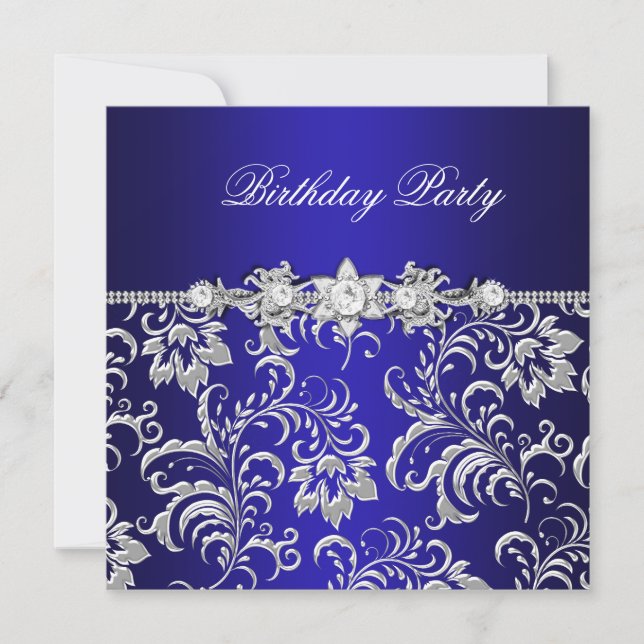 Invitation Fête d'anniversaire bleu foncé Floral Damask Argen (Devant)
