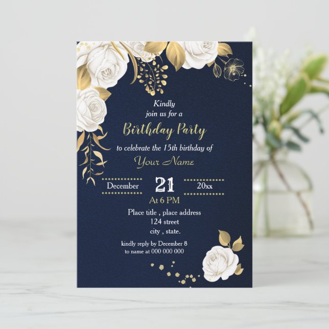 Invitation fête d'anniversaire bleu marine floral blanc et or (Debout devant)