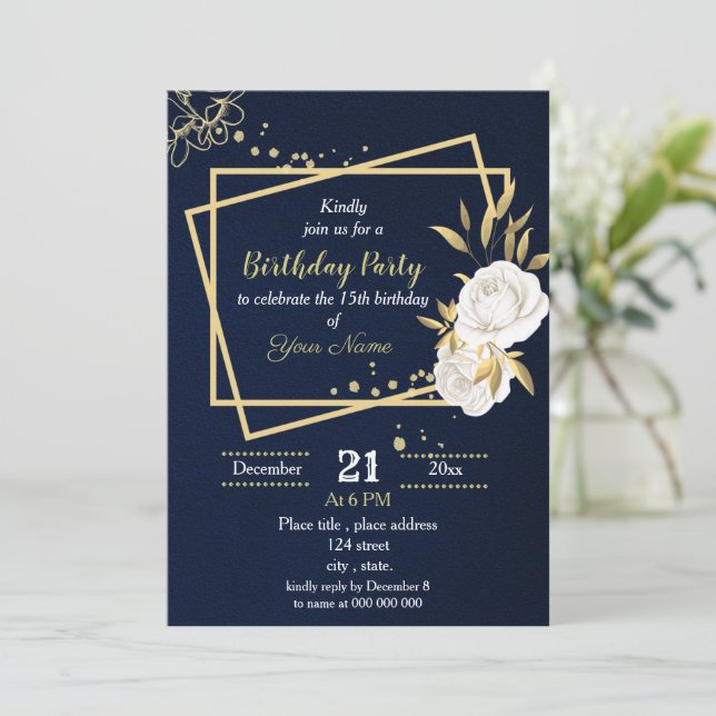 Invitation fête d'anniversaire bleu marine floral blanc et or (Debout devant)