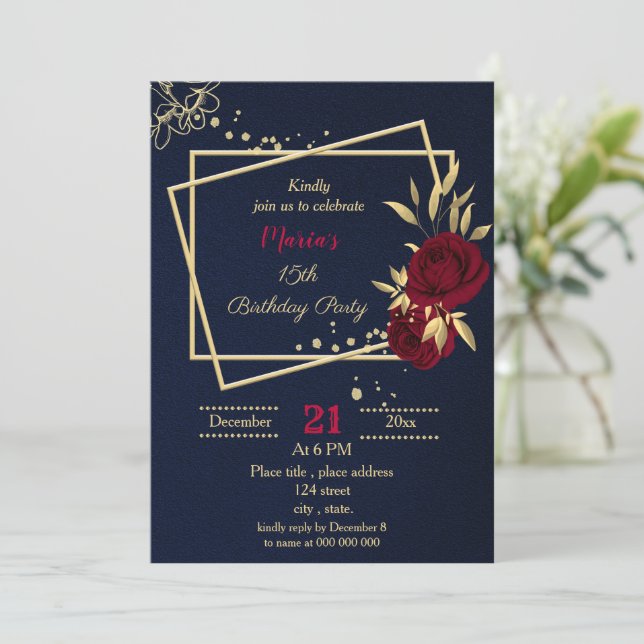 Invitation fête d'anniversaire bleu marine floral or bordeaux (Debout devant)