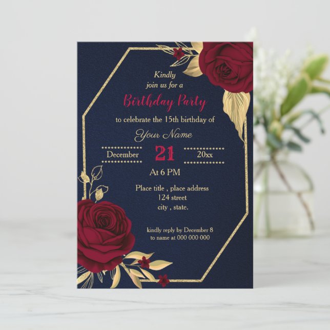 Invitation fête d'anniversaire bleu marine floral or bordeaux (Debout devant)