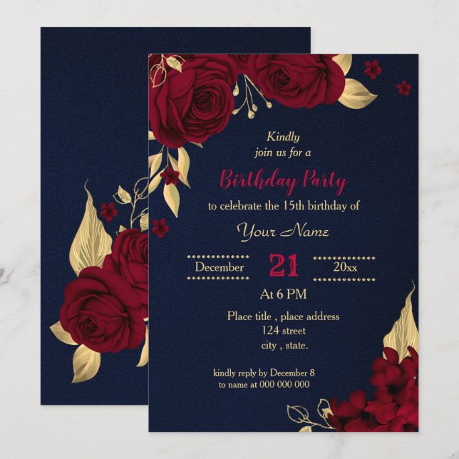 Invitation fête d'anniversaire bleu marine floral or bordeaux (Devant / Derrière)