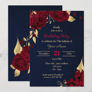 Invitation fête d'anniversaire bleu marine floral or bordeaux