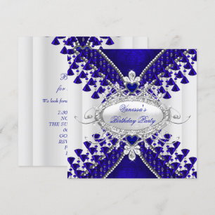 Invitation Fête d'anniversaire bleu royal blanc cœur diamant