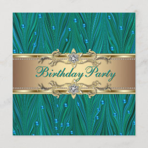 Invitation Fête d'anniversaire bleu sarcelle et or Paon