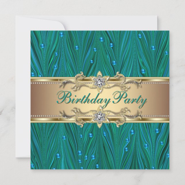 Invitation Fête d'anniversaire bleu sarcelle Or et Paon (Devant)