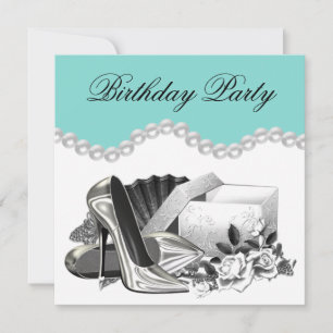 Invitation Fête d'anniversaire bleu sarcelle rose blanc éléga