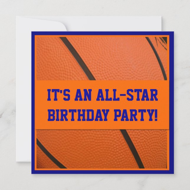 Invitation Fête d'anniversaire bleue et orange de basket-ball (Devant)