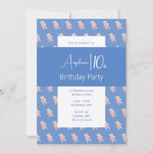 Invitation Fête d'anniversaire Bleue Hippo Ballerine illusima