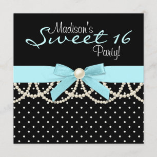 Invitation Fête d'anniversaire bleue turquoise blanche noire