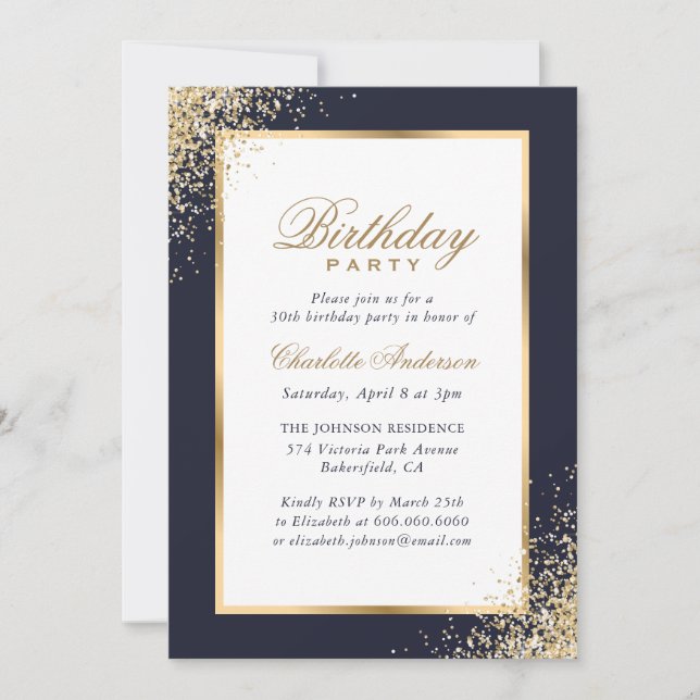 Invitation Fête d'anniversaire Blue and Gold Confetti (Devant)