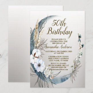 Invitation Fête d'anniversaire Boho White Orchid Fleurs Blue