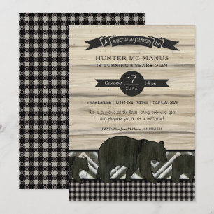 Invitation Fête d'anniversaire Bois Forêt Ours Rustique Plaid